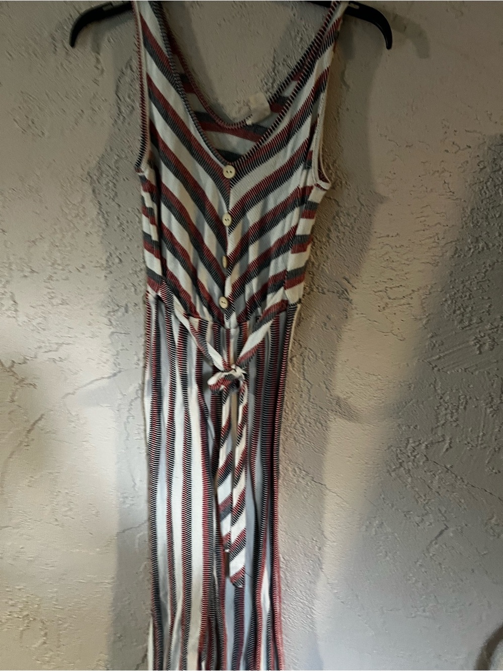 Striped Sleeveless Maxi romper with Tie Waist - Red, White & Blue